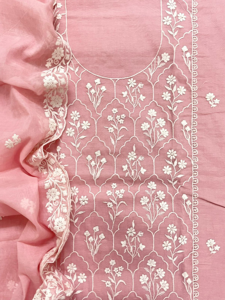 Image of Pure Chanderi Embroidered Suit - Pink