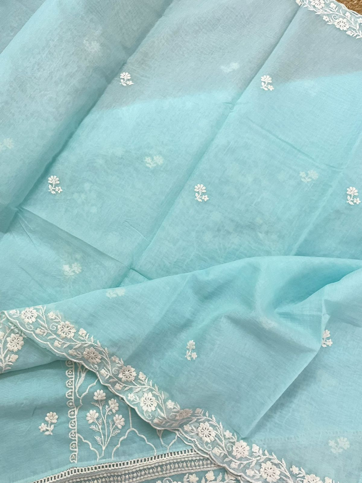 Pure Chanderi Embroidered Suit - Blue