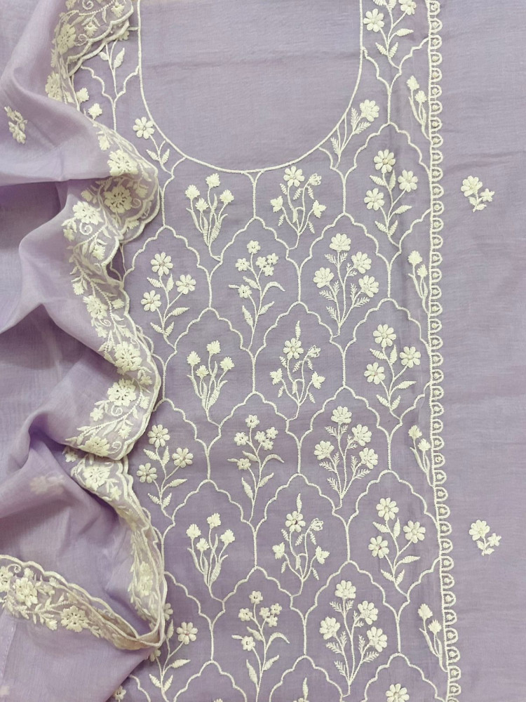 Image of Pure Chanderi Embroidered Suit - Lavender