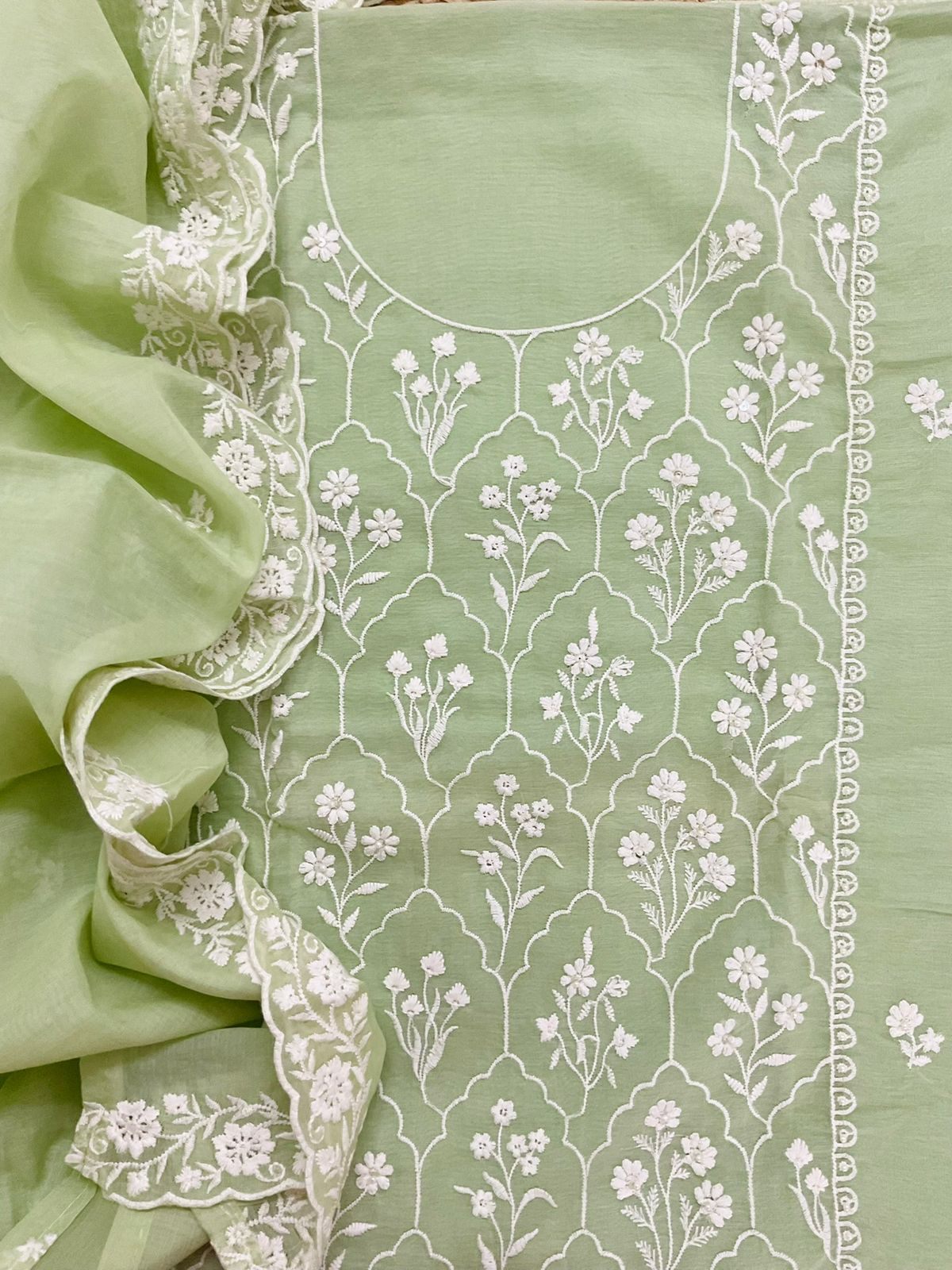 Pure Chanderi Embroidered Suit - Green