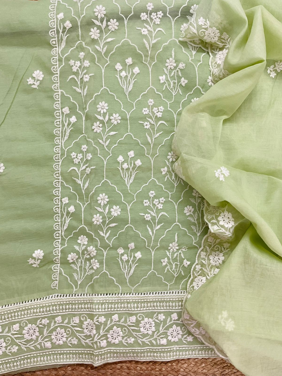 Pure Chanderi Embroidered Suit - Green