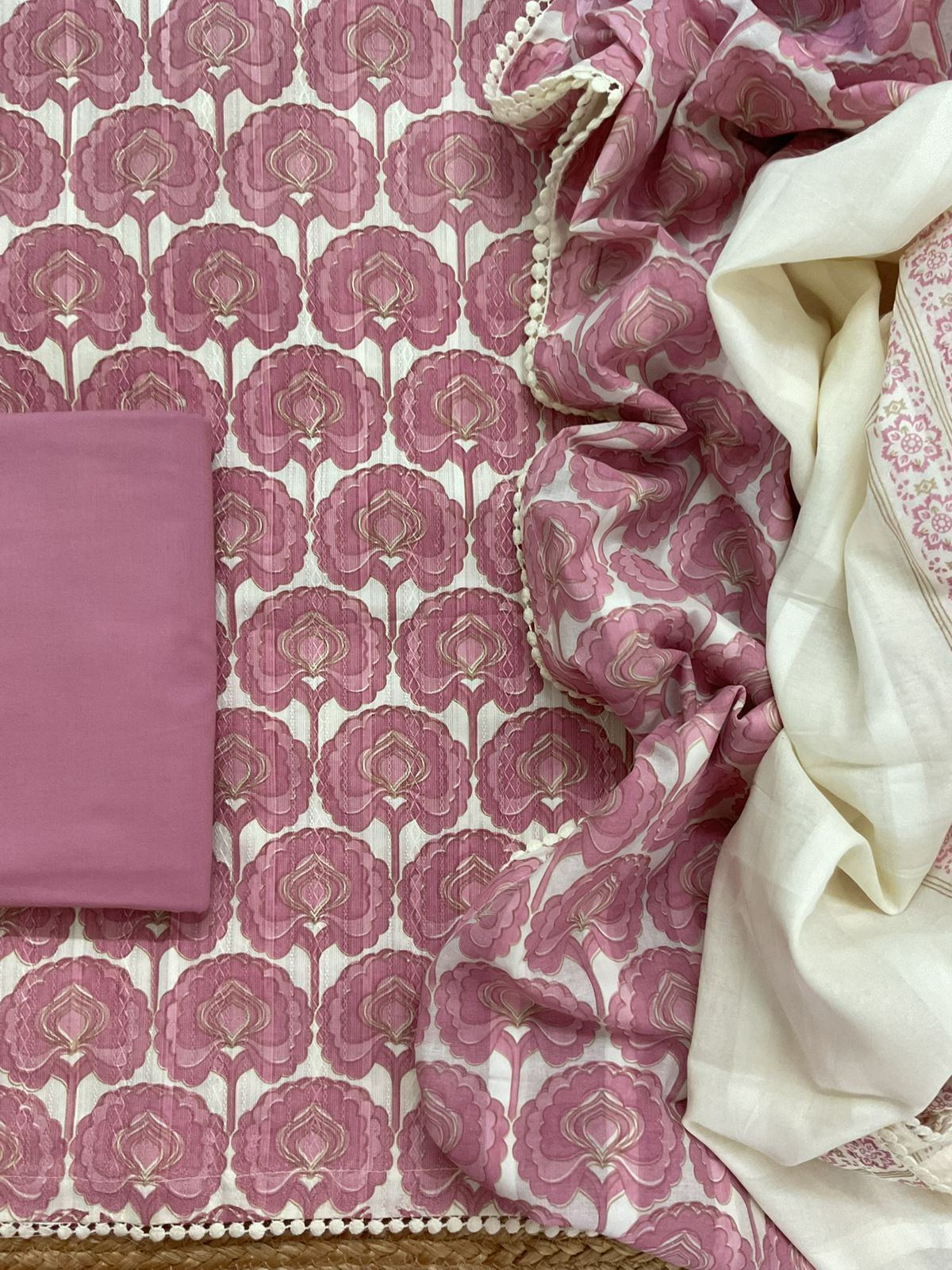 Pure Cotton Printed Self Weaved Suit - Pink