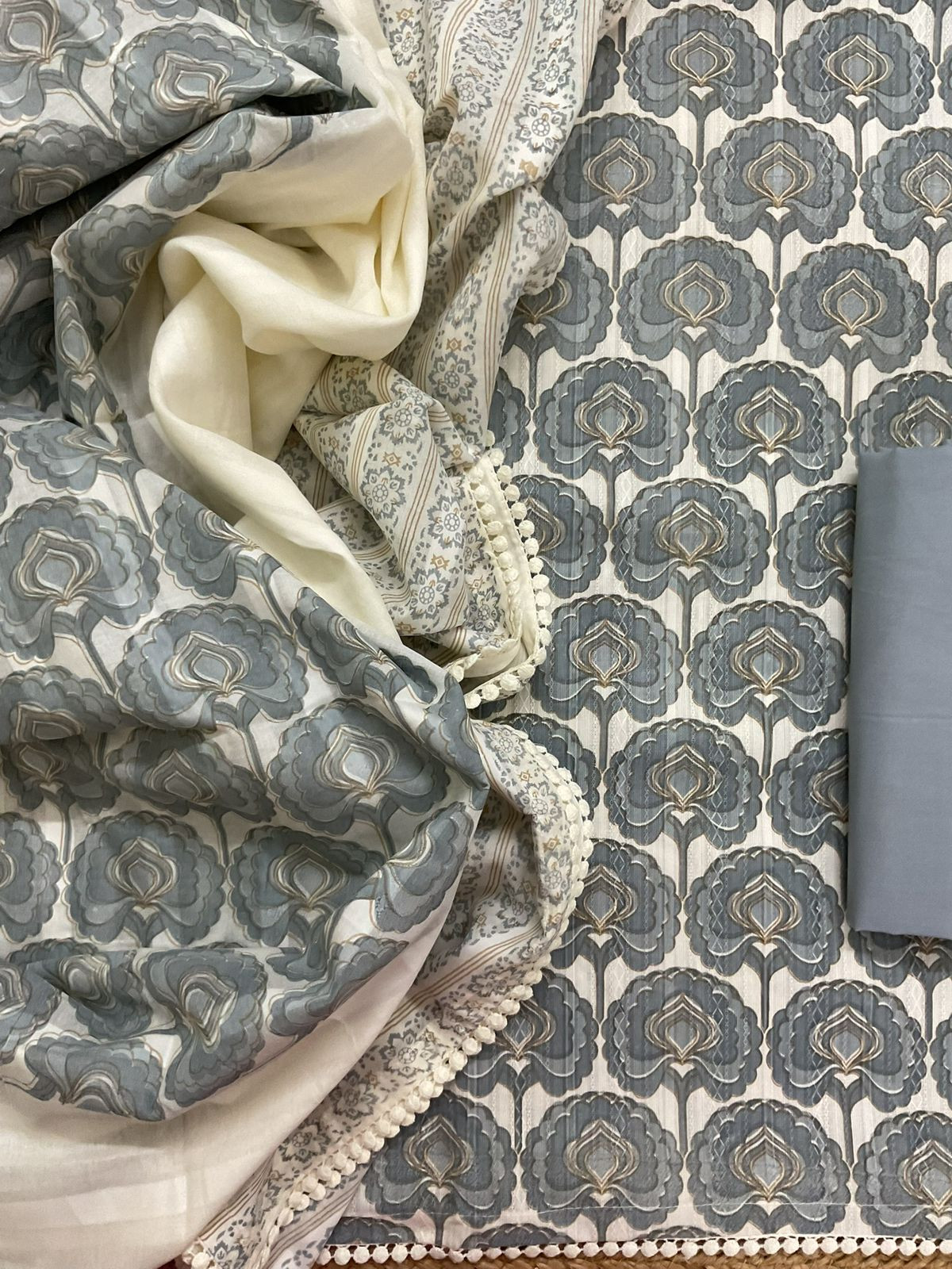 Pure Cotton Printed Self Weaved Suit - Grey