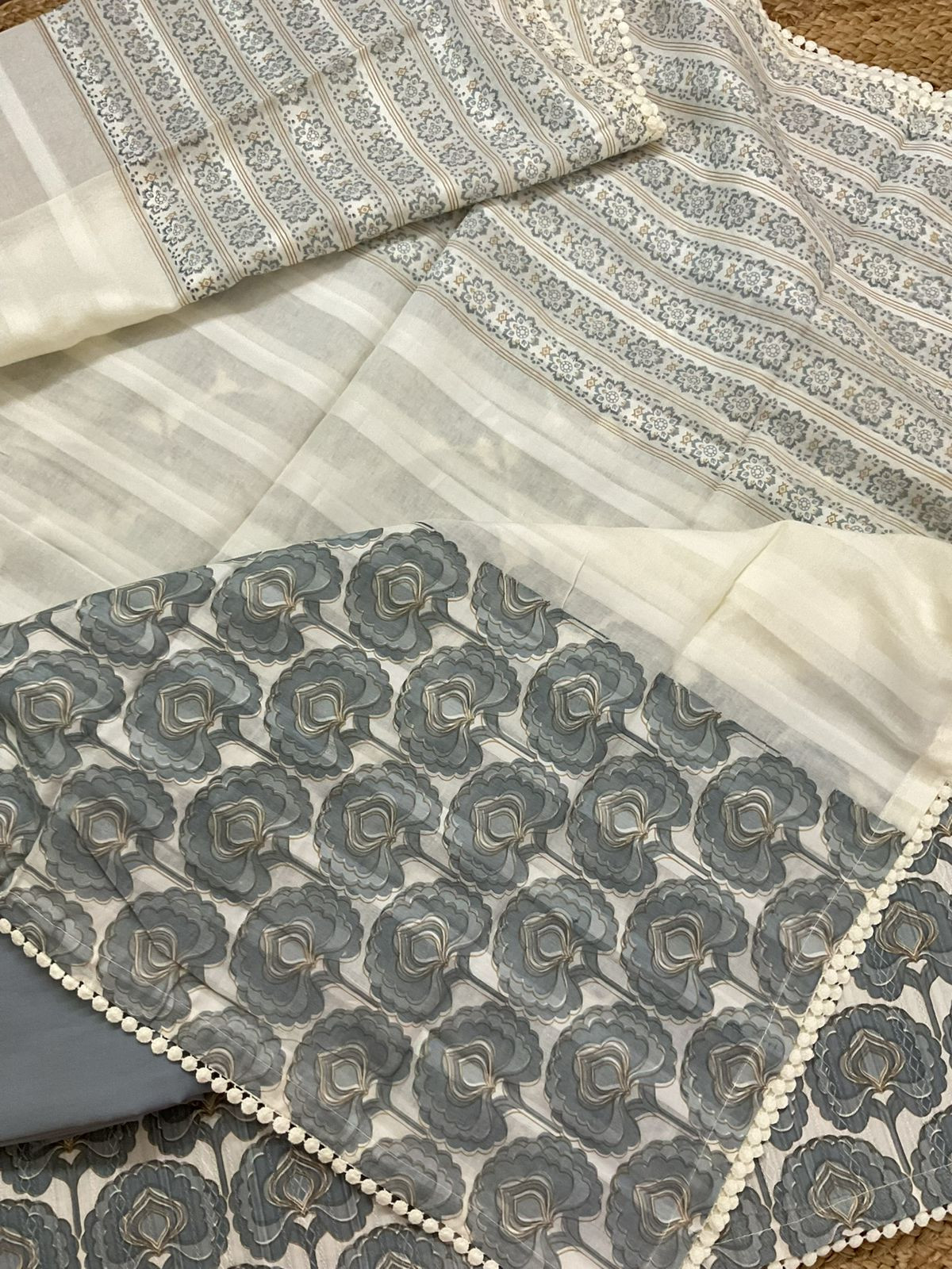 Pure Cotton Printed Self Weaved Suit - Grey