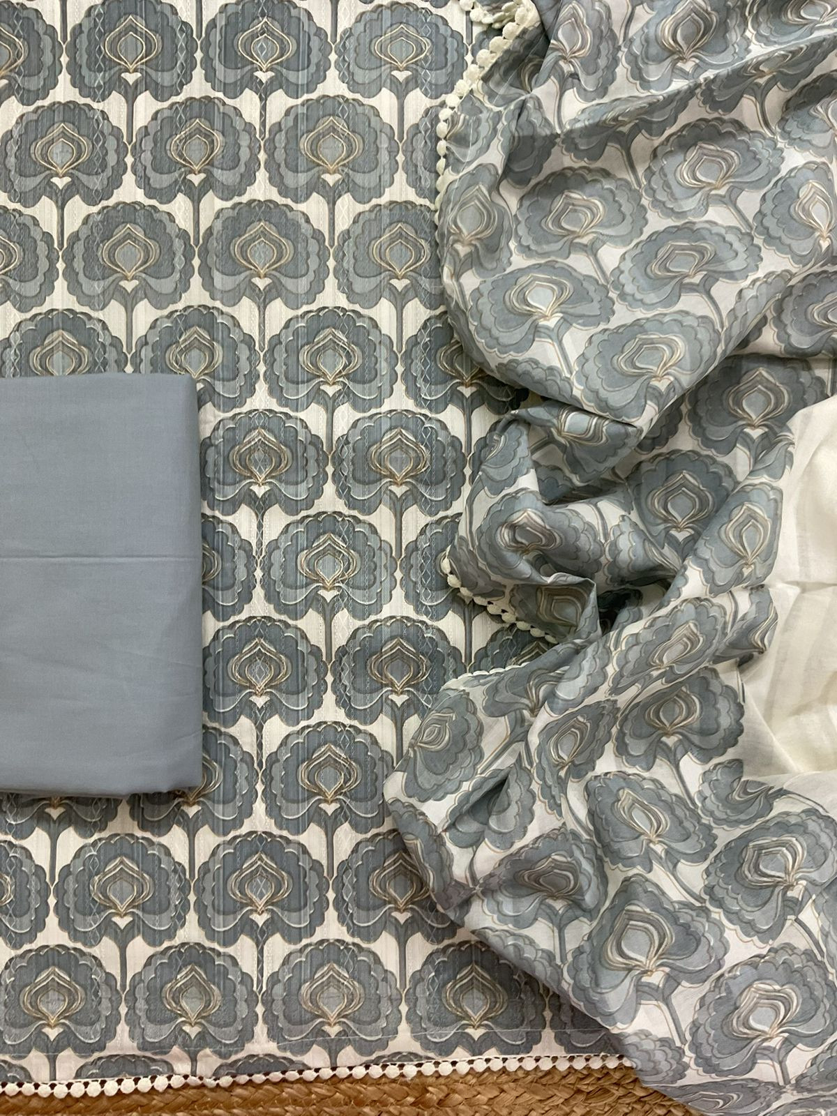 Pure Cotton Printed Self Weaved Suit - Grey