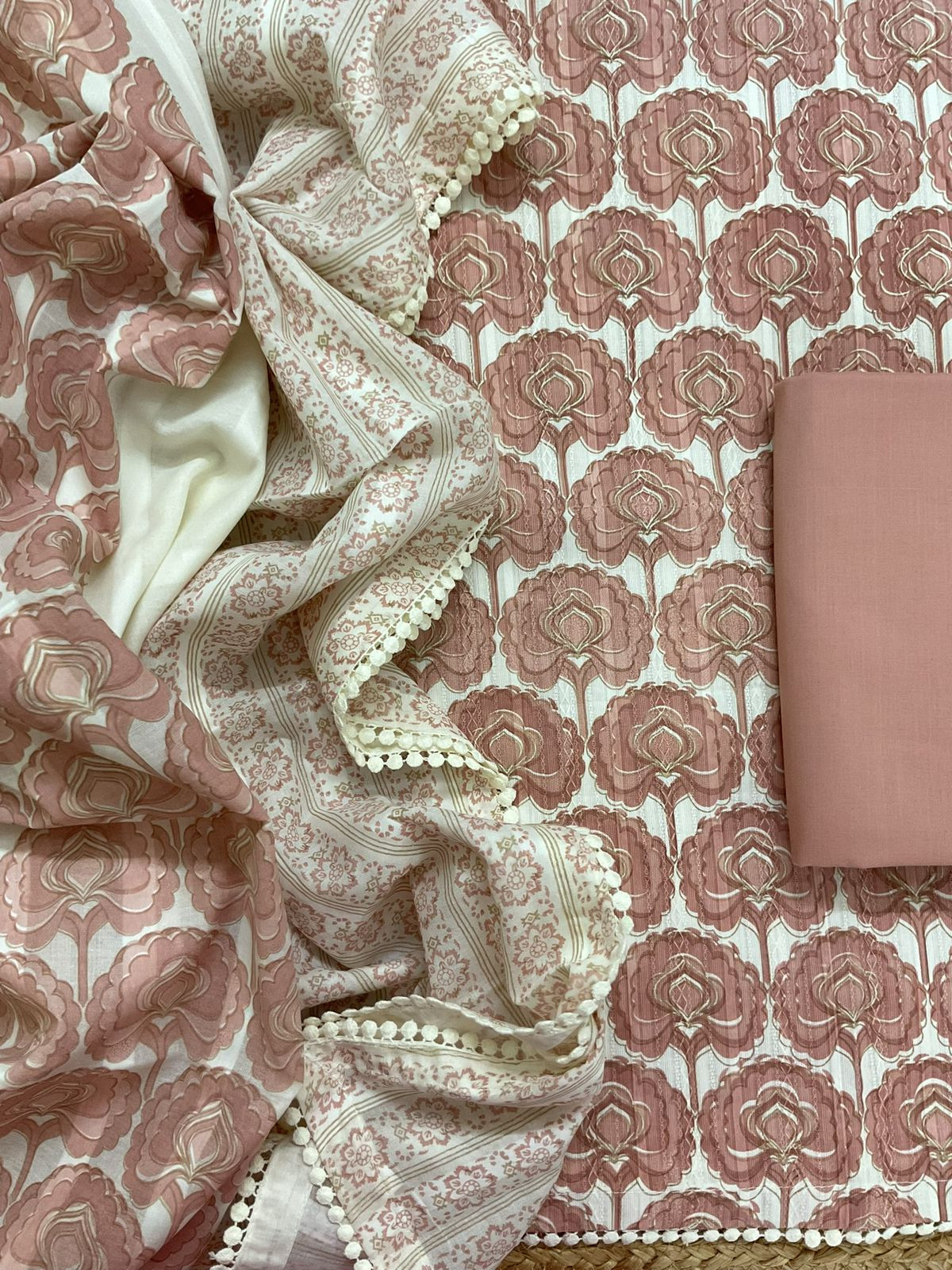 Pure Cotton Printed Self Weaved Suit - Peach
