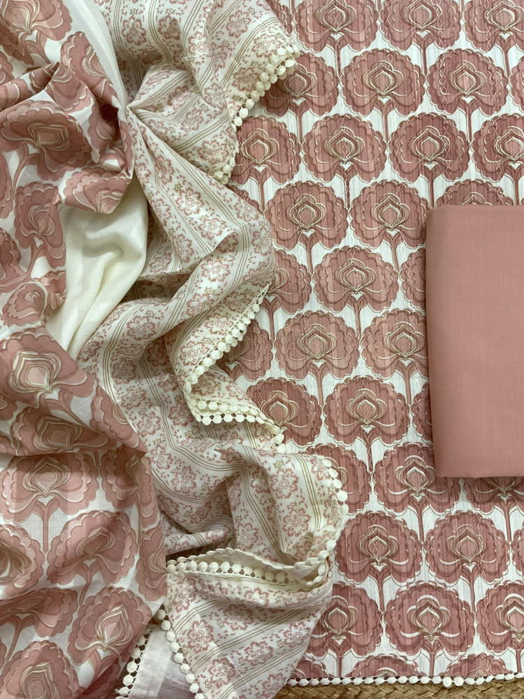 Image of Pure Cotton Printed Self Weaved Suit - Peach
