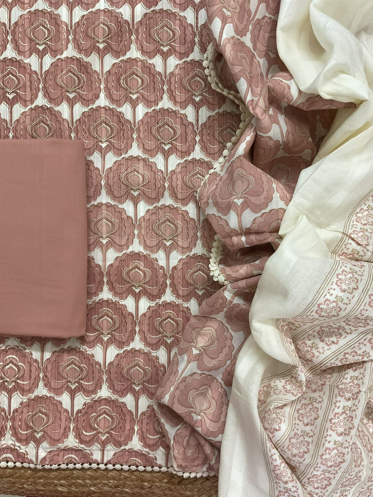 Pure Cotton Printed Self Weaved Suit - Peach