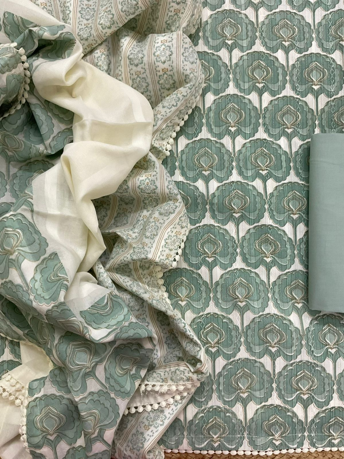 Pure Cotton Printed Self Weaved Suit - Green