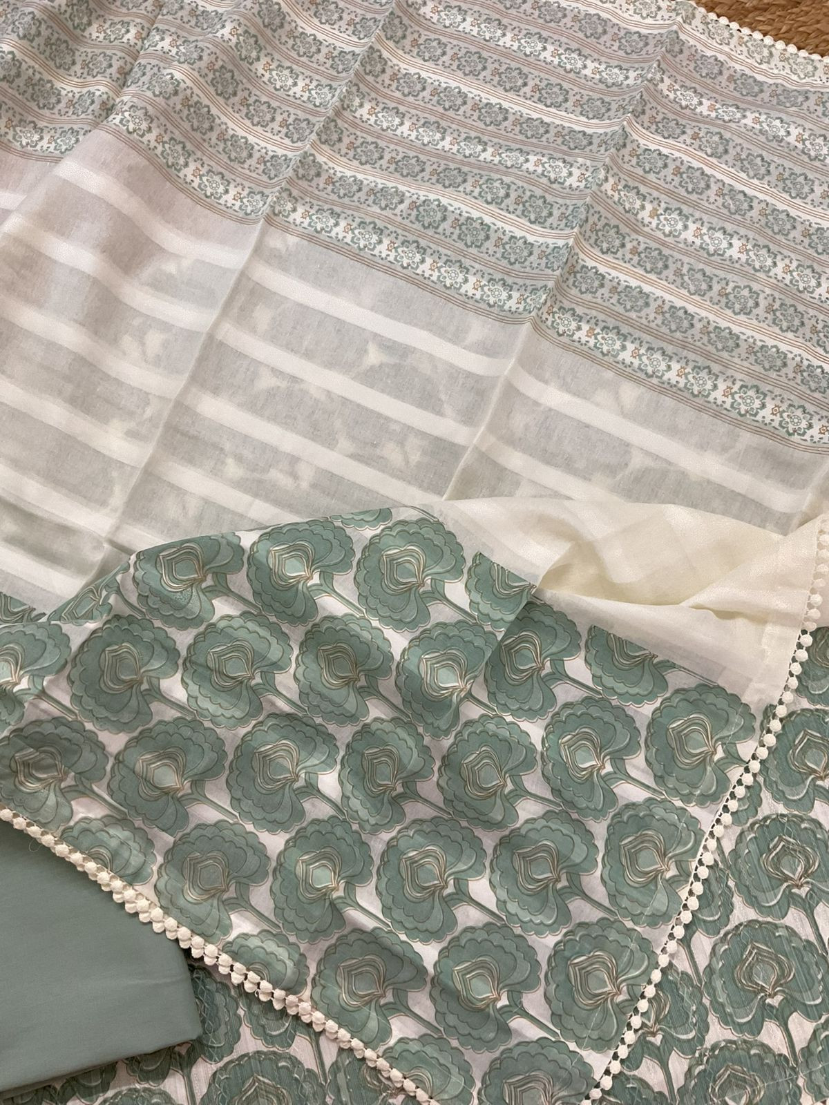 Pure Cotton Printed Self Weaved Suit - Green