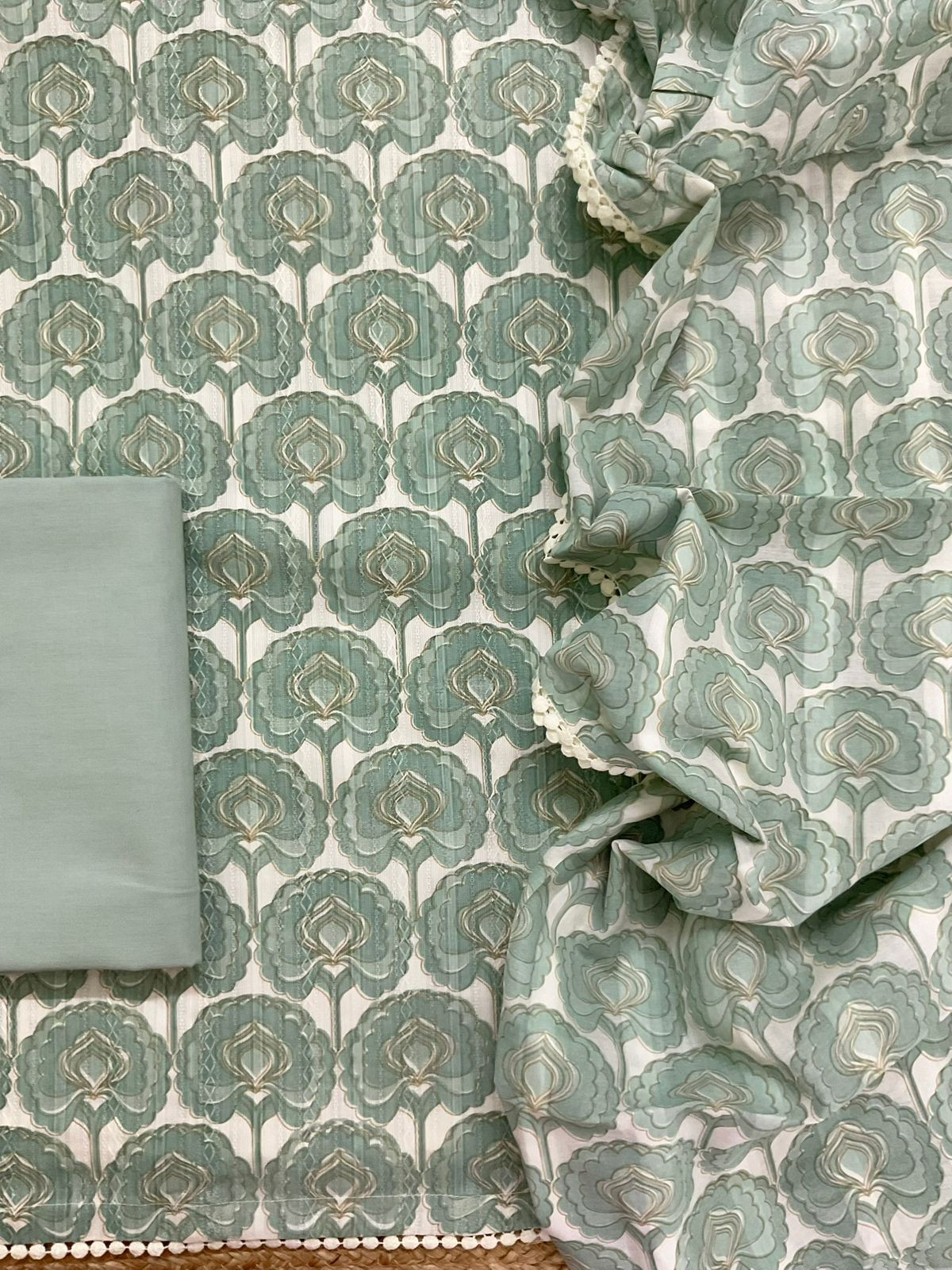Pure Cotton Printed Self Weaved Suit - Green