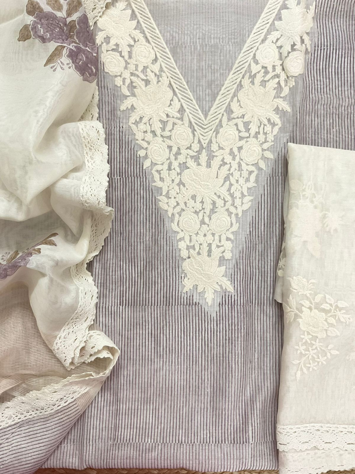 Pure Chanderi Printed Embroidered Suit - Lavender