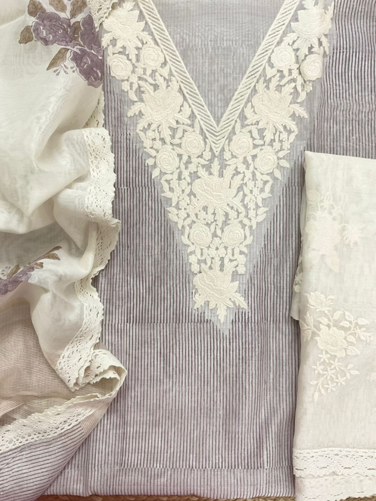 Image of Pure Chanderi Printed Embroidered Suit - Lavender