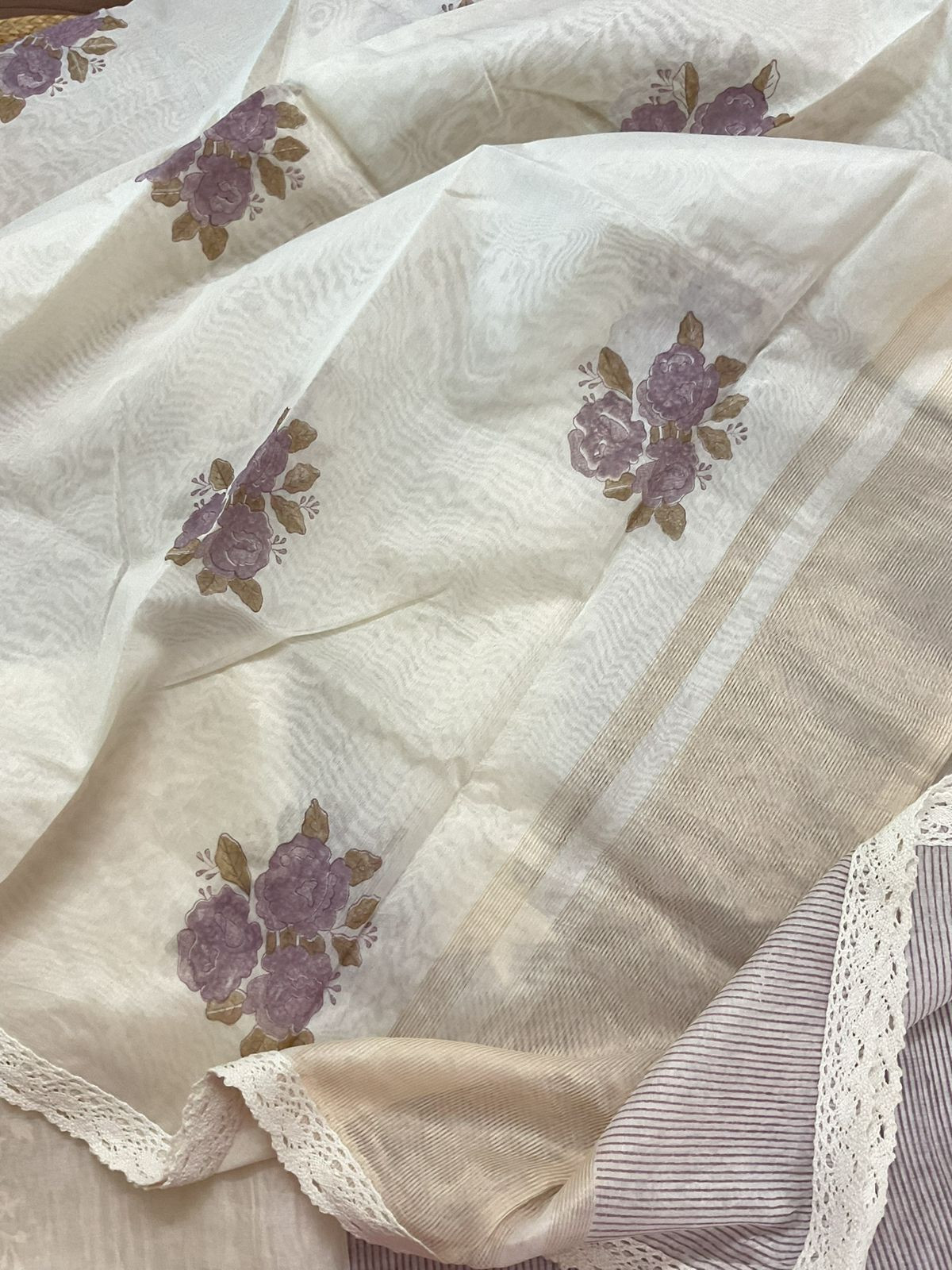 Pure Chanderi Printed Embroidered Suit - Lavender