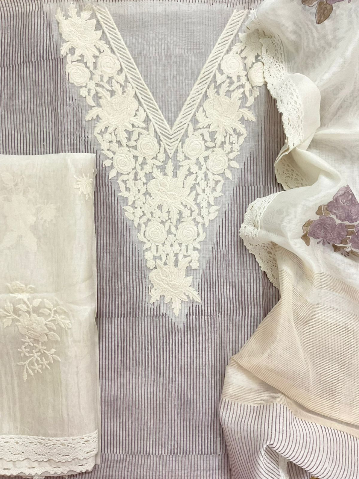 Pure Chanderi Printed Embroidered Suit - Lavender