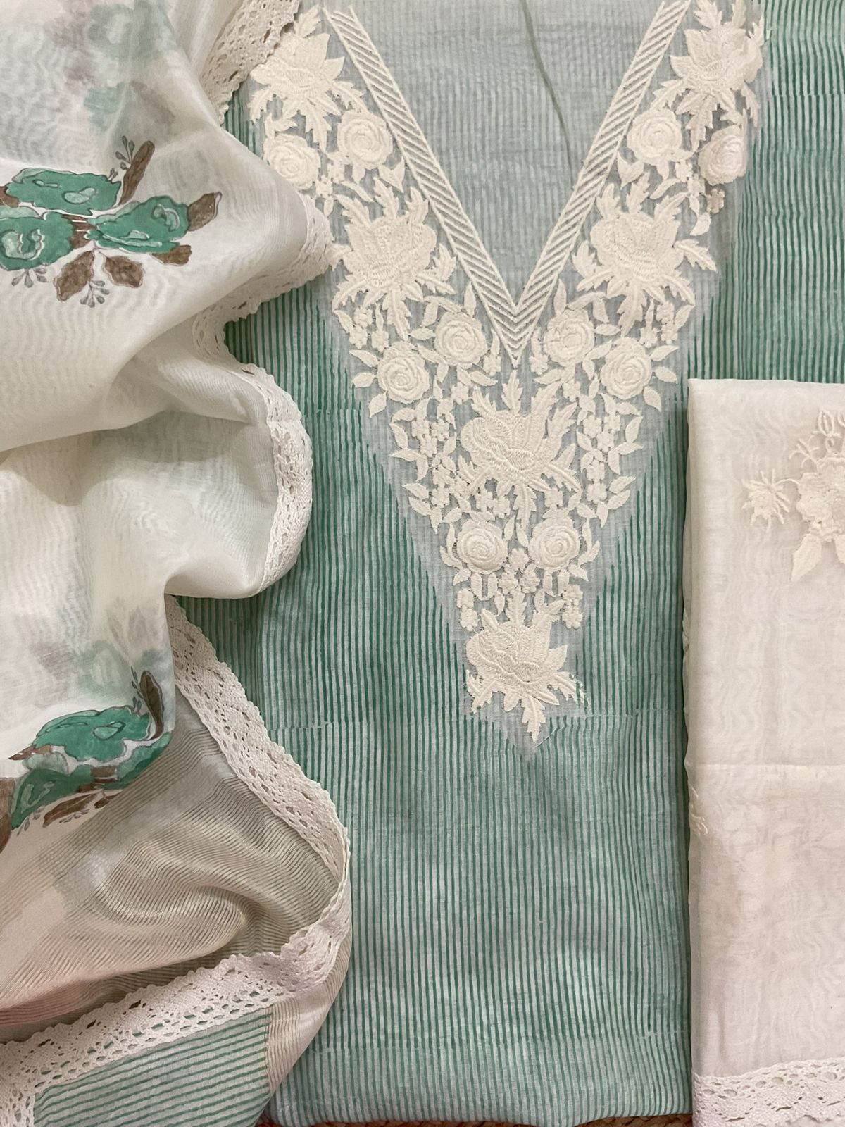 Pure Chanderi Printed Embroidered Suit - Green