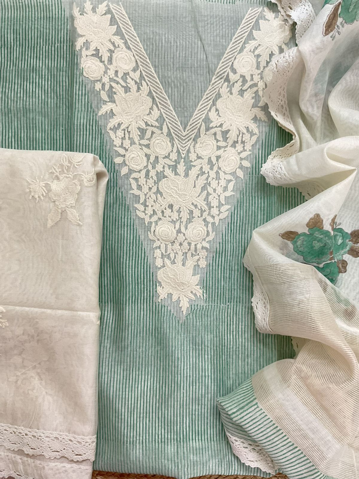 Pure Chanderi Printed Embroidered Suit - Green