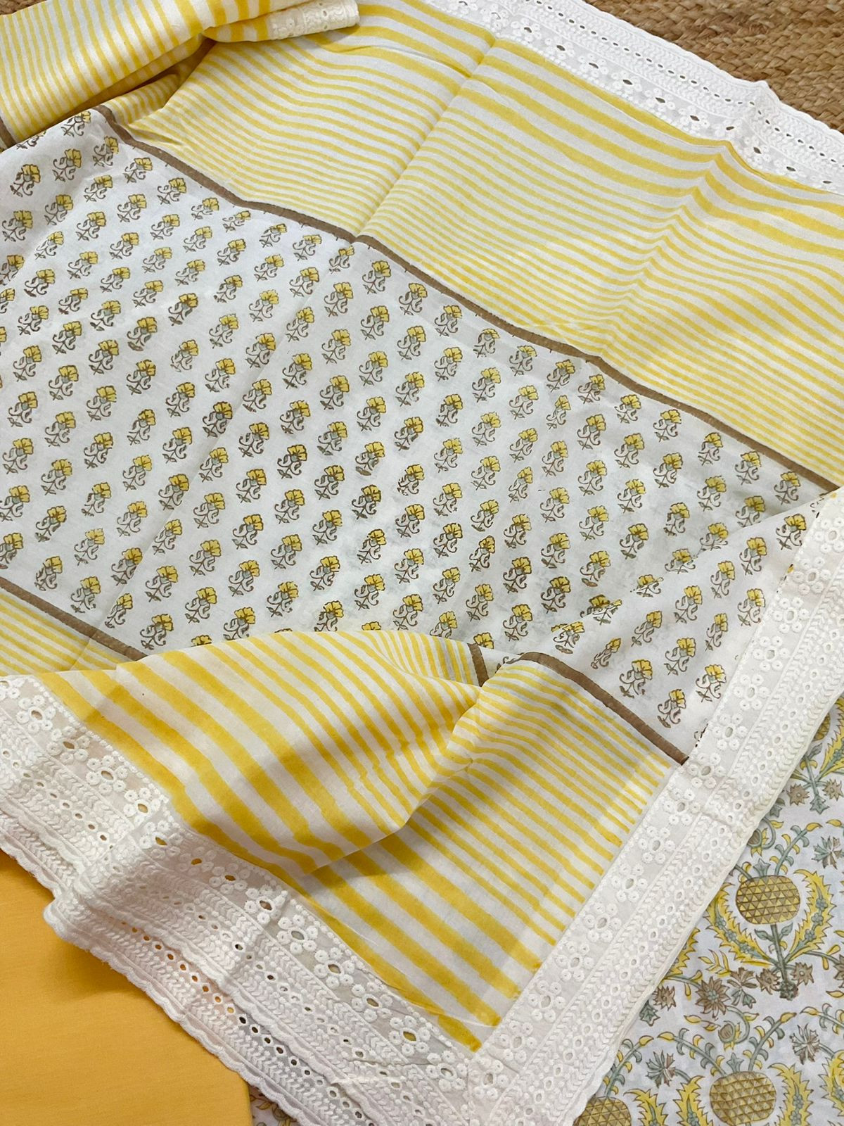 Pure Cotton Printed Embroidered Suit - Yellow
