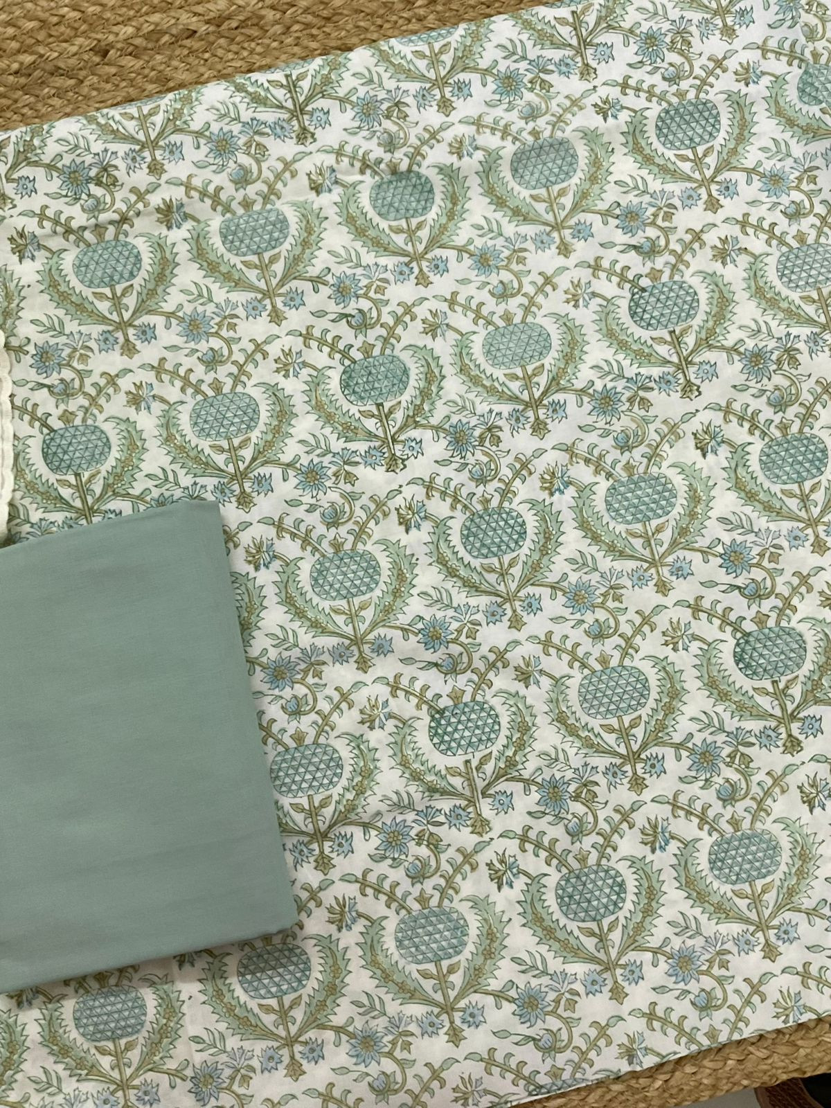 Pure Cotton Printed Embroidered Suit - Green