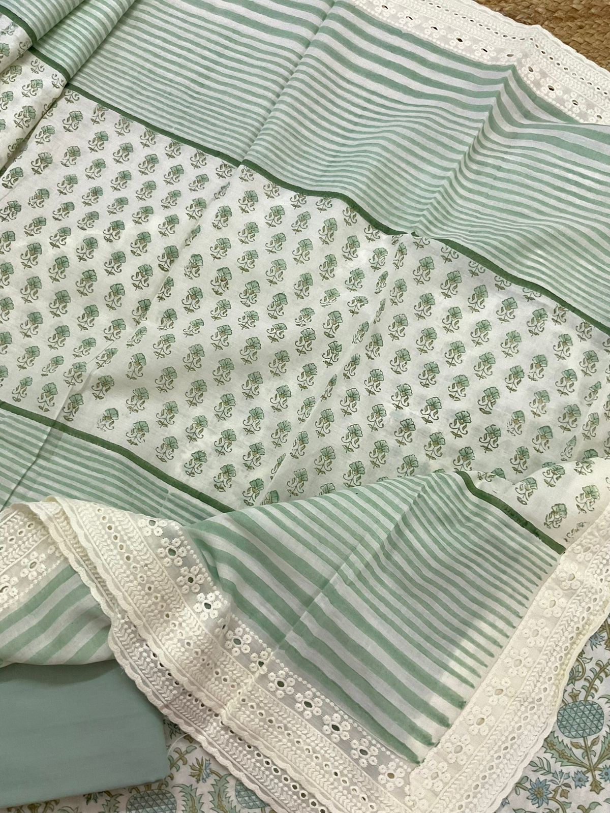 Pure Cotton Printed Embroidered Suit - Green