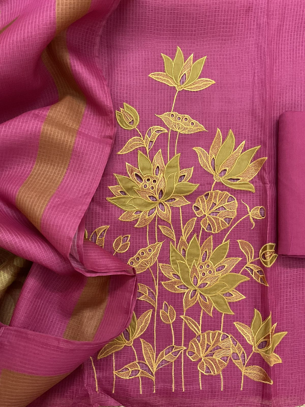 Soft Kota Silk Printed Embroidered Suit - Pink