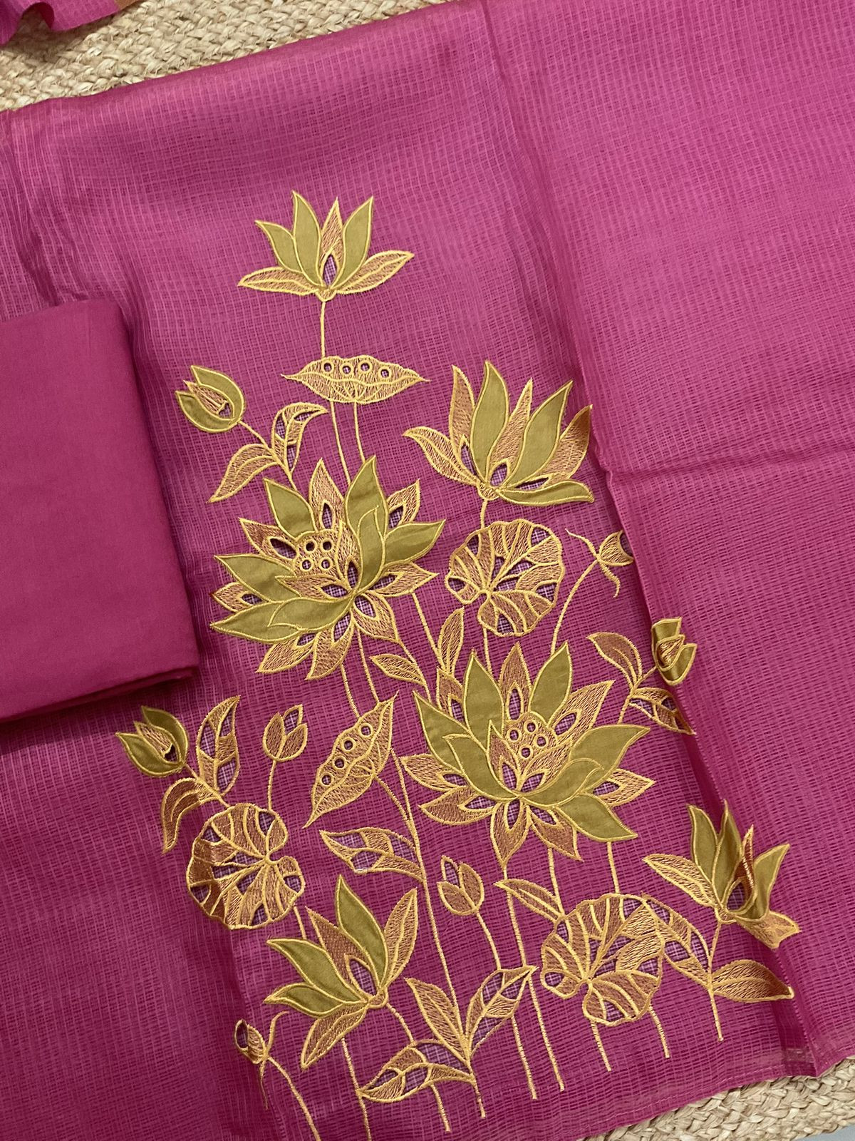 Soft Kota Silk Printed Embroidered Suit - Pink