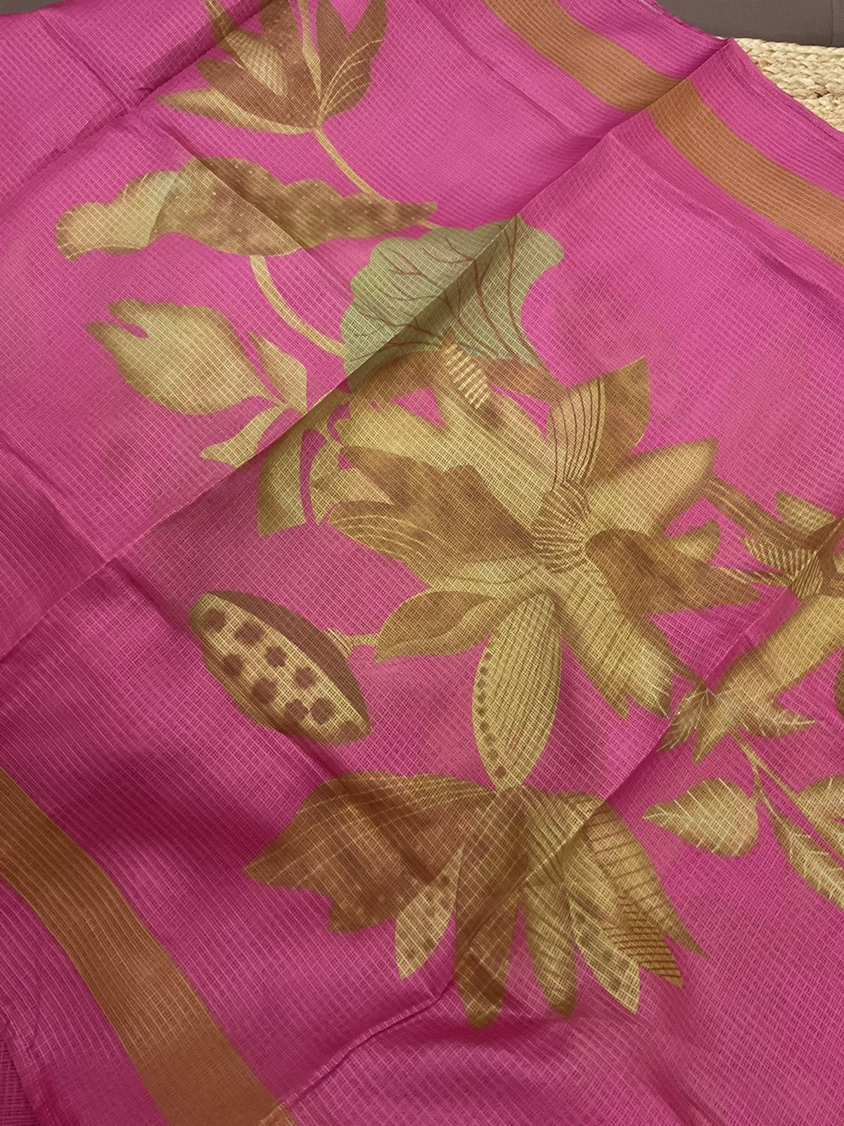 Soft Kota Silk Printed Embroidered Suit - Pink