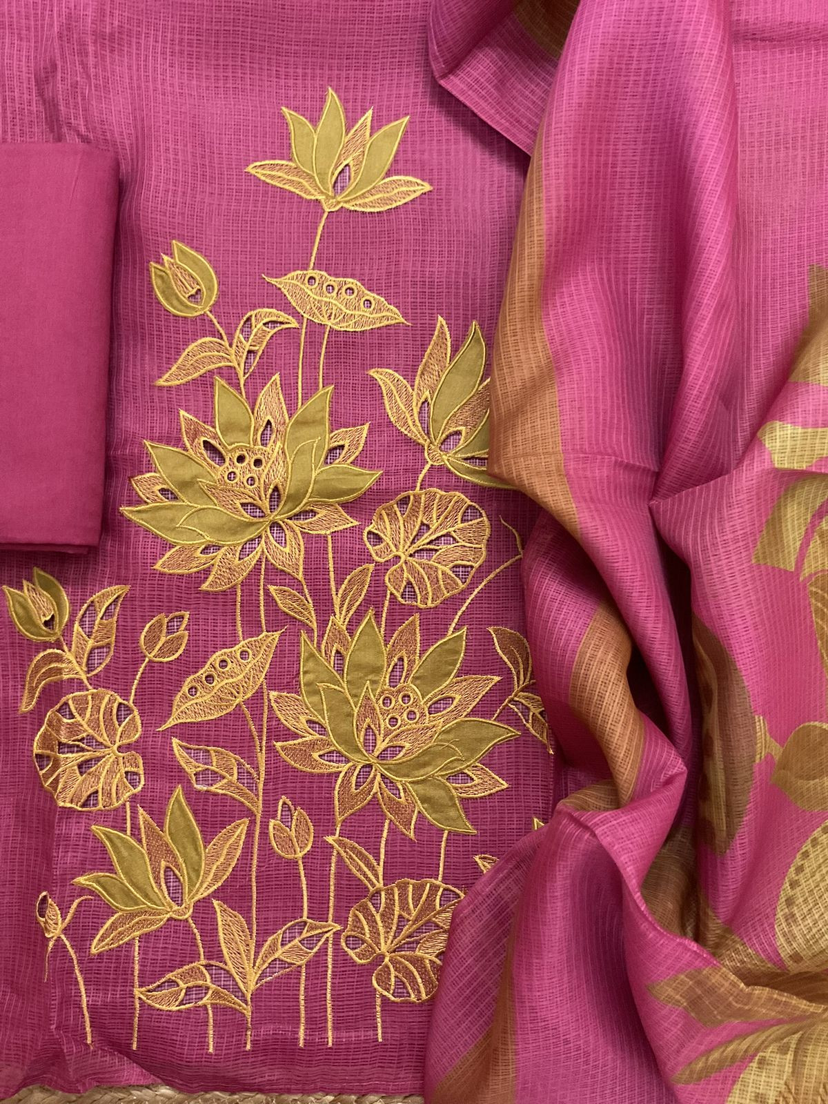 Soft Kota Silk Printed Embroidered Suit - Pink