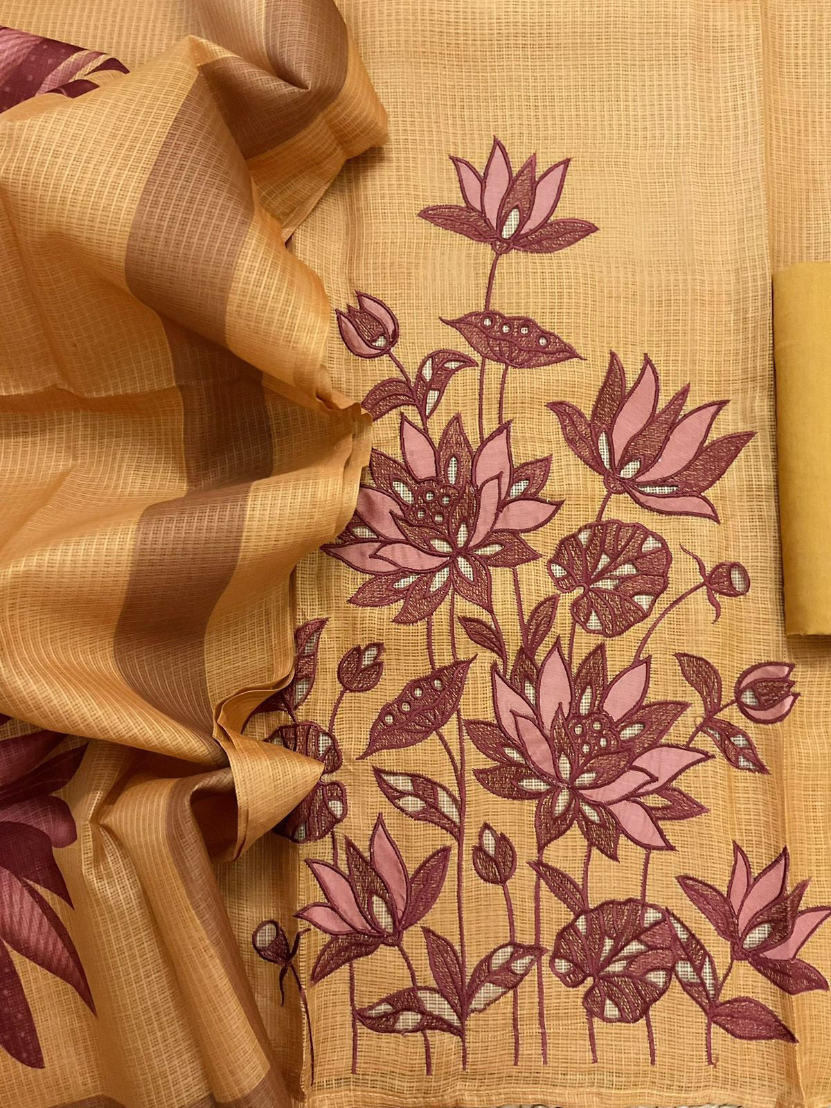 Soft Kota Silk Printed Embroidered Suit - Mustard