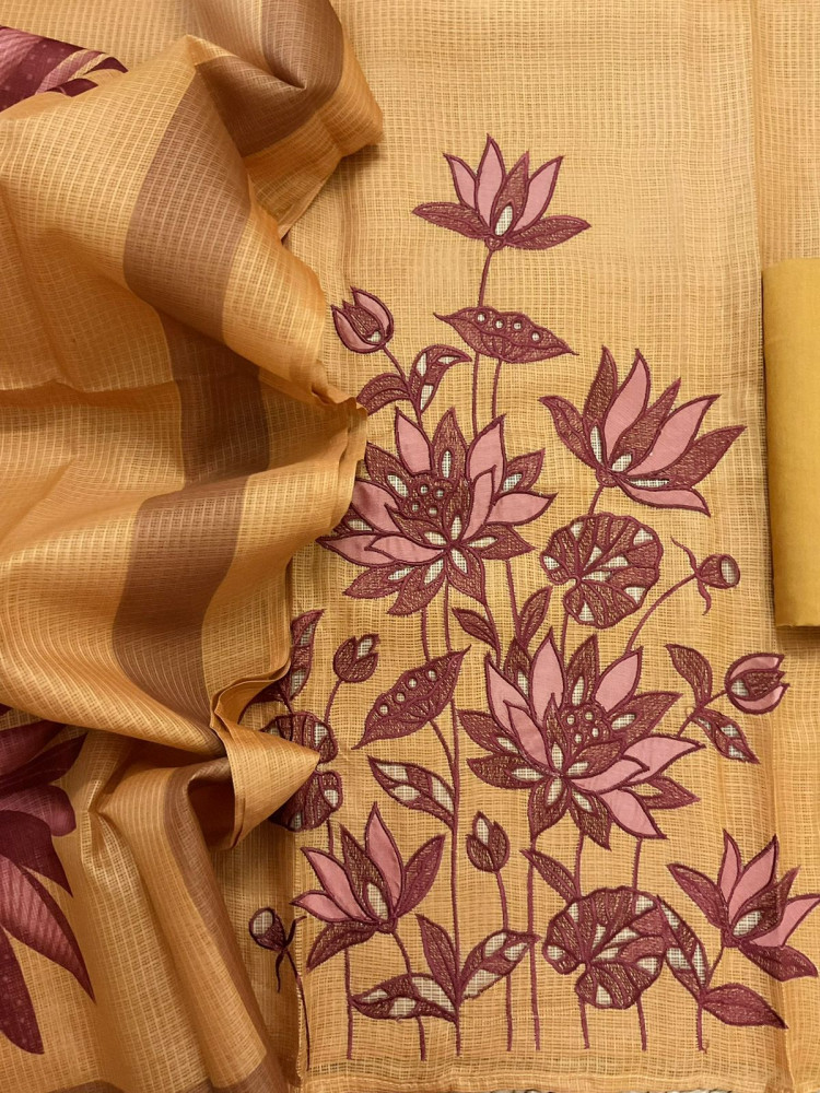 Image of Soft Kota Silk Printed Embroidered Suit - Mustard