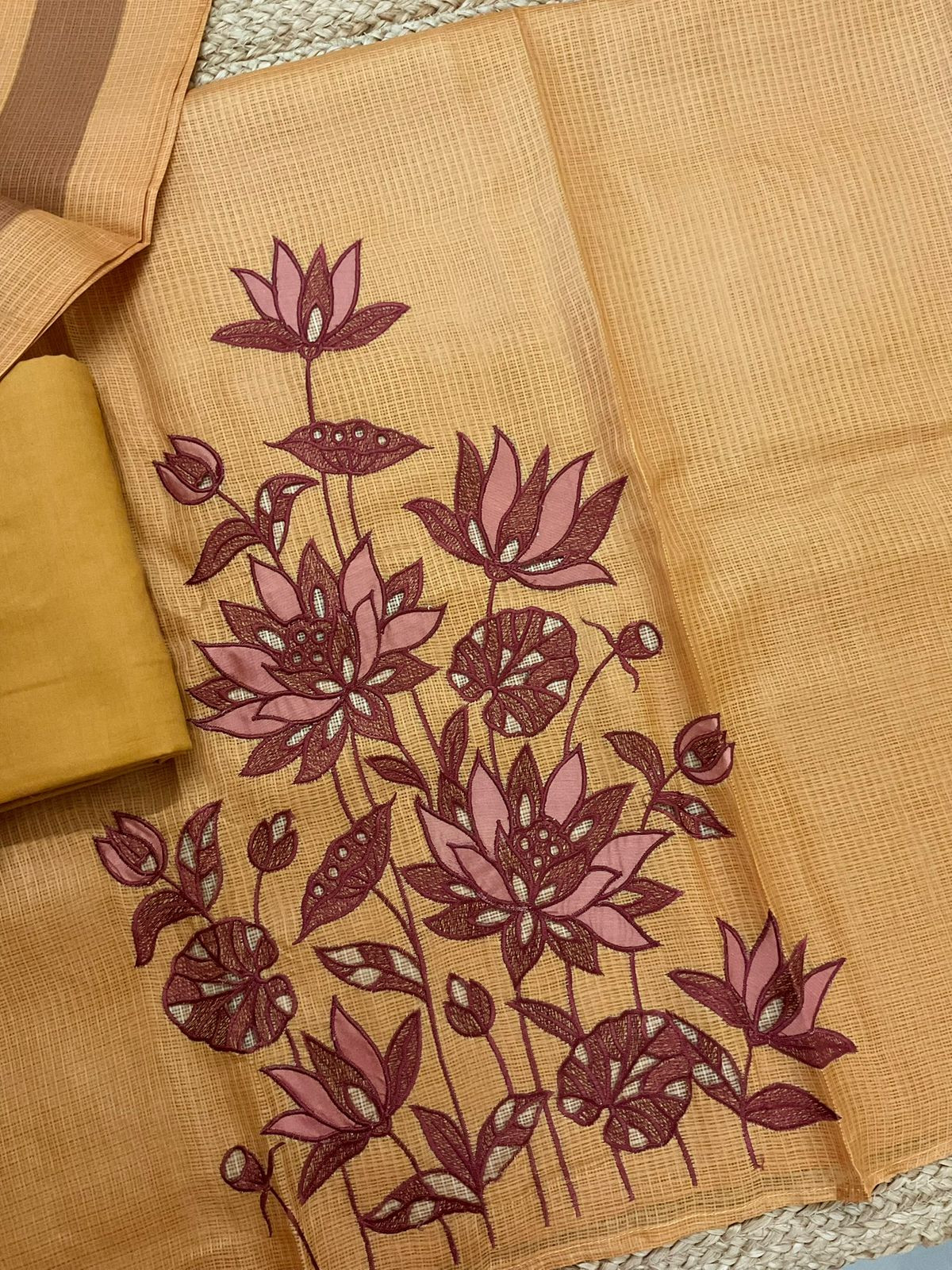 Soft Kota Silk Printed Embroidered Suit - Mustard