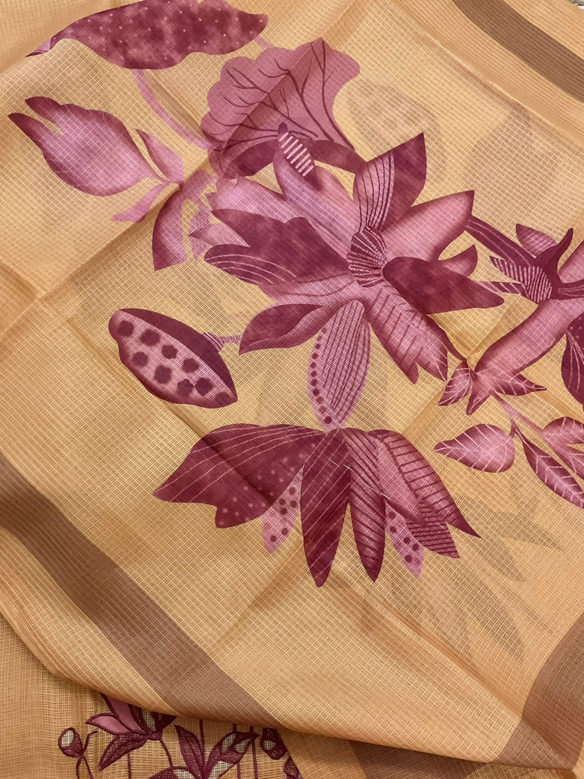 Soft Kota Silk Printed Embroidered Suit - Mustard