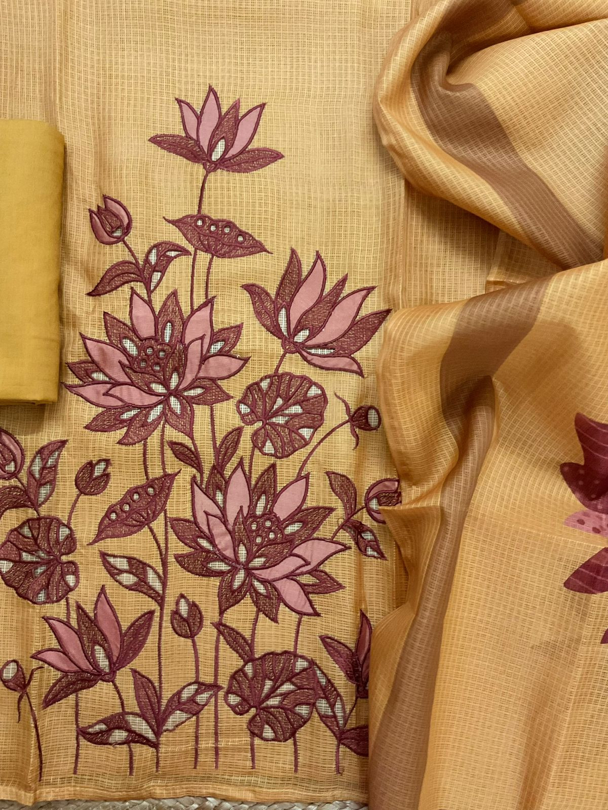 Soft Kota Silk Printed Embroidered Suit - Mustard