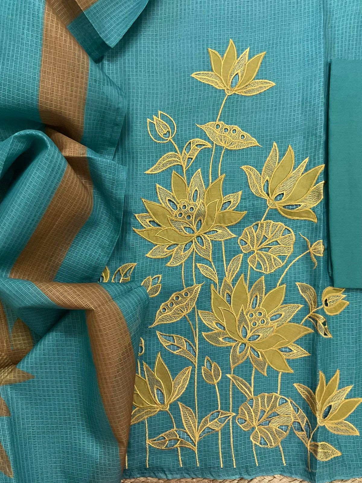 Soft Kota Silk Printed Embroidered Suit - Blue
