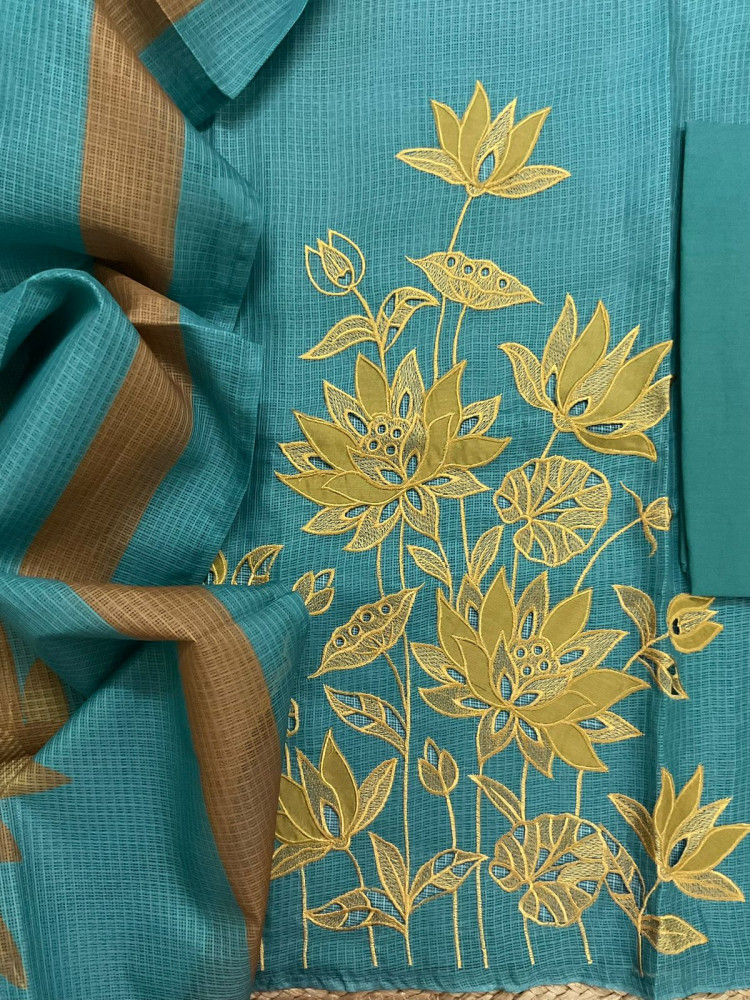 Image of Soft Kota Silk Printed Embroidered Suit - Blue