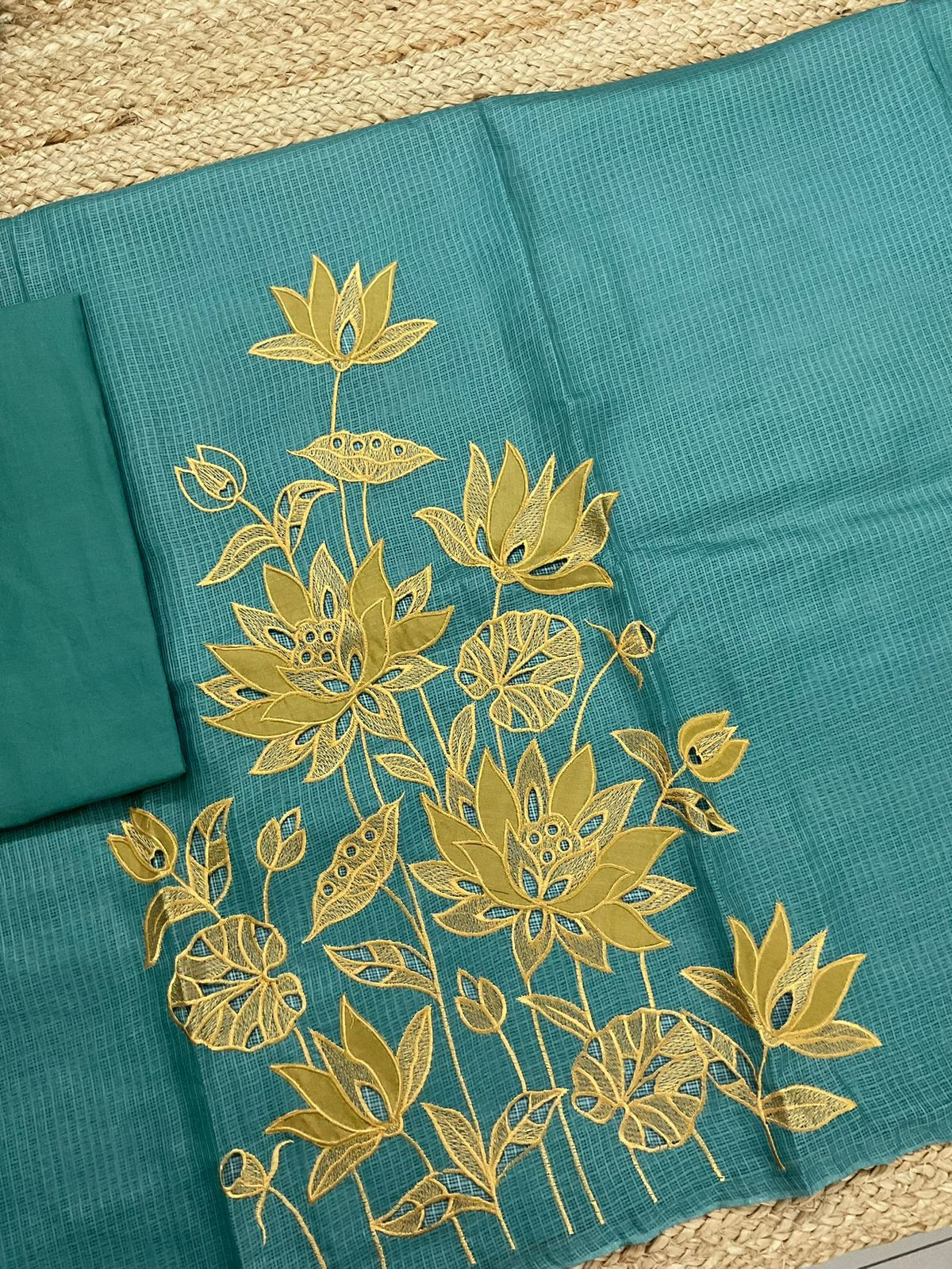 Soft Kota Silk Printed Embroidered Suit - Blue