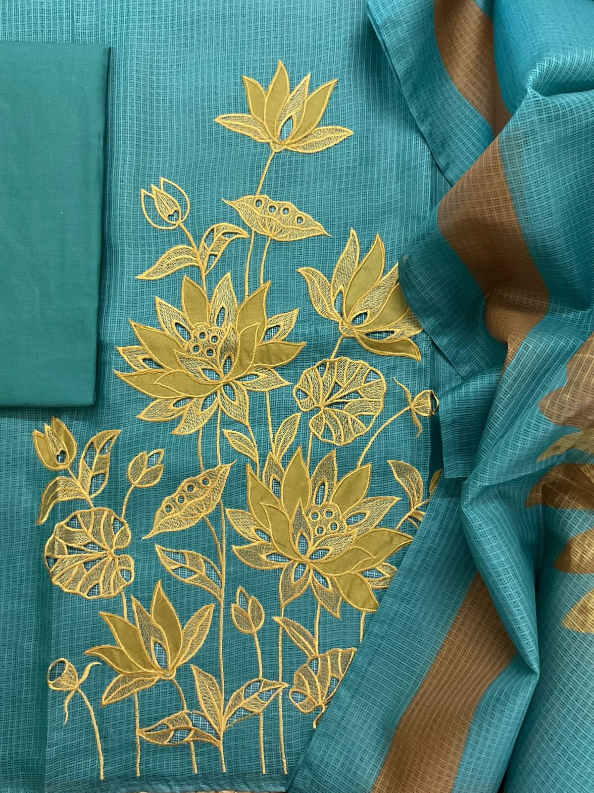 Soft Kota Silk Printed Embroidered Suit - Blue