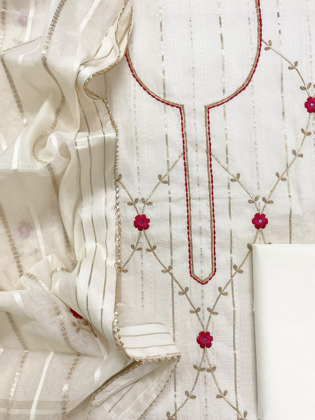 Pure Cotton Silk Self Weaved Embroidered Suit - Off White