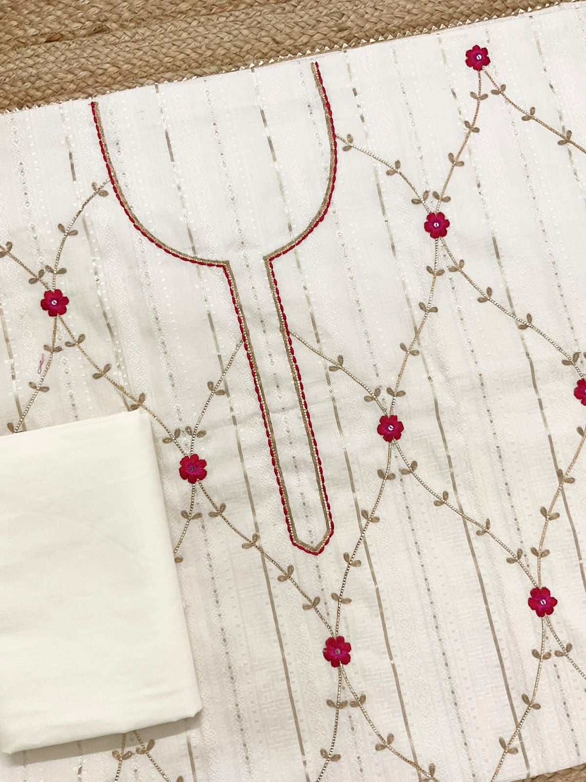 Pure Cotton Silk Self Weaved Embroidered Suit - Off White
