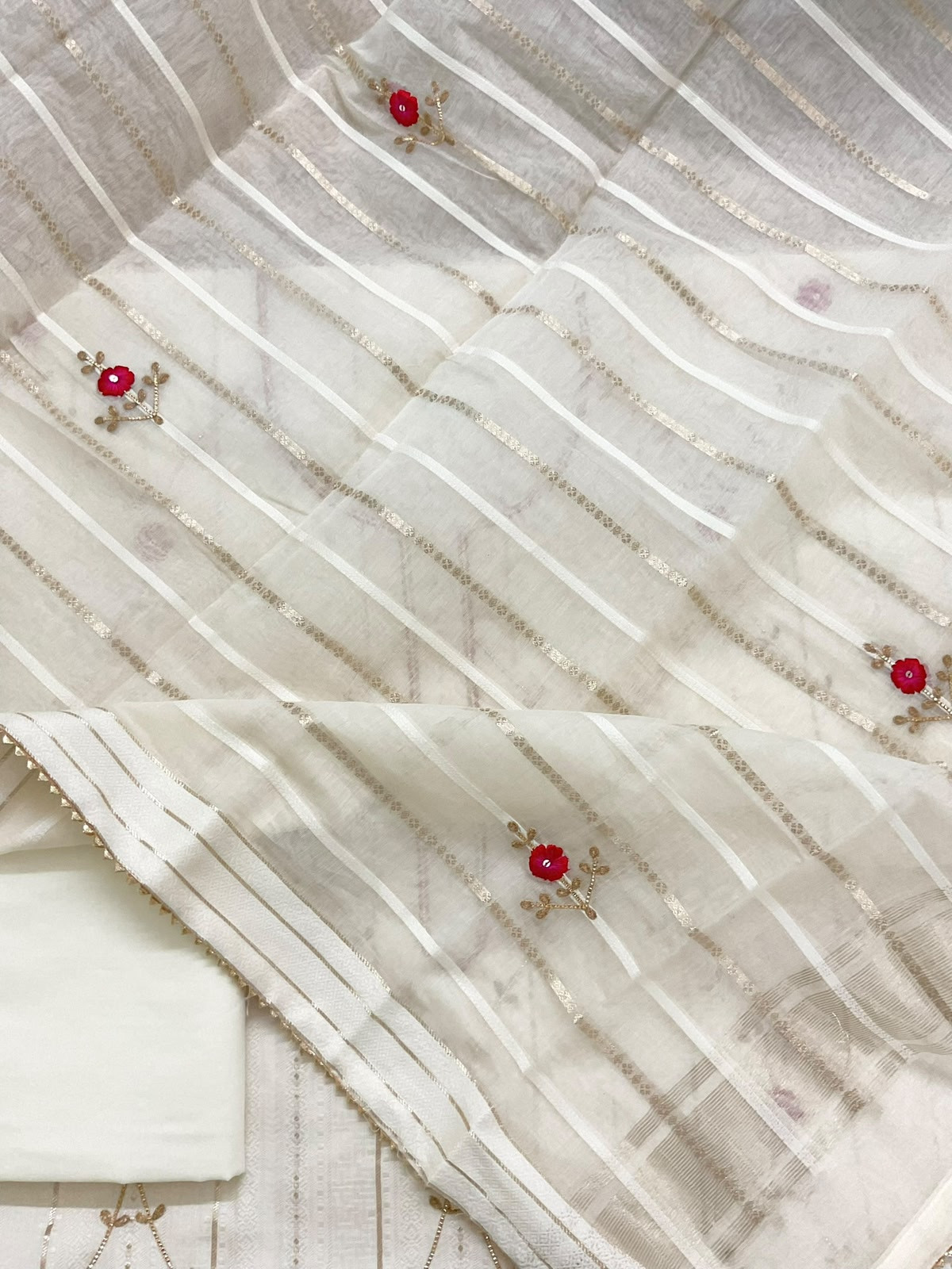 Pure Cotton Silk Self Weaved Embroidered Suit - Off White