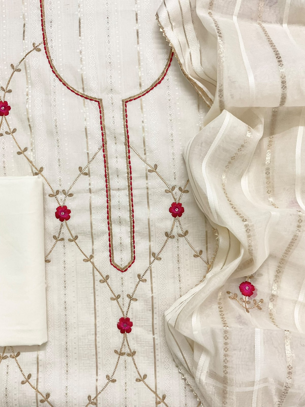 Pure Cotton Silk Self Weaved Embroidered Suit - Off White