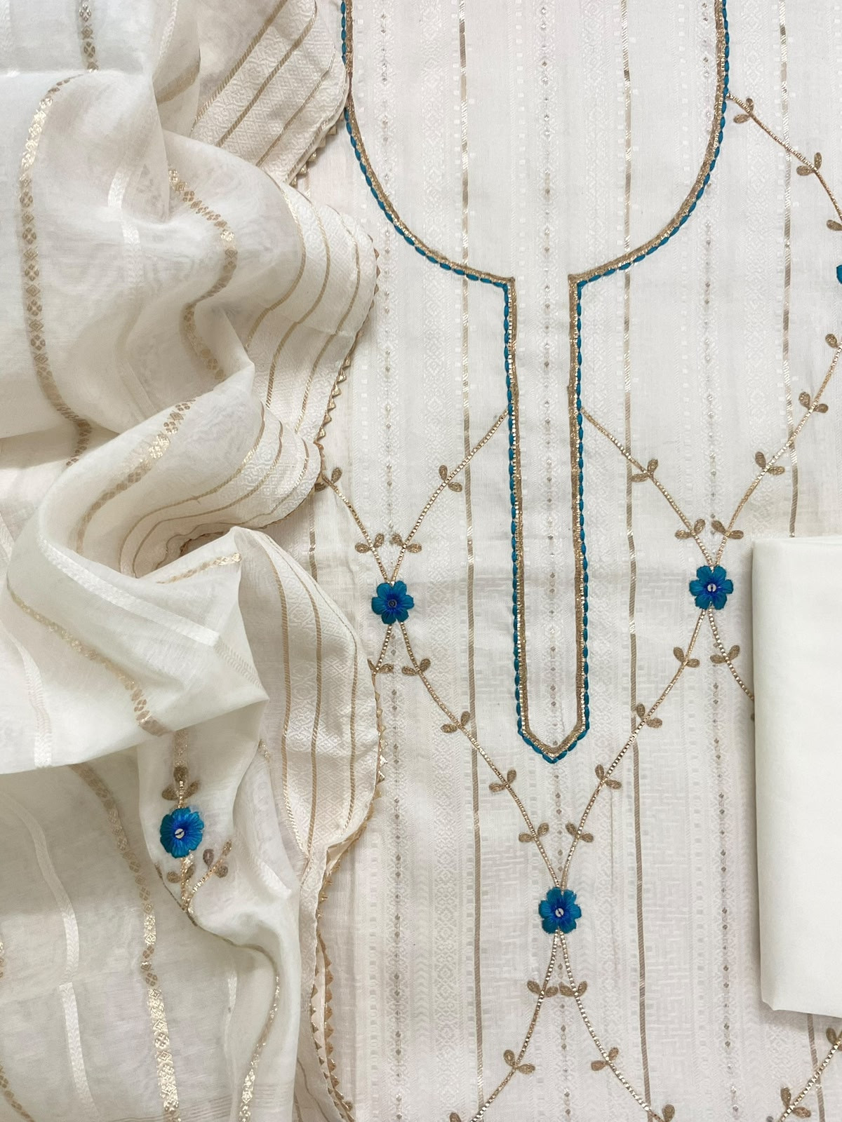 Pure Cotton Silk Self Weaved Embroidered Suit - Off White