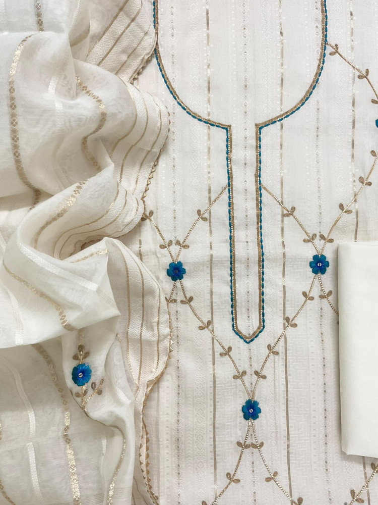 Image of Pure Cotton Silk Self Weaved Embroidered Suit - Off White