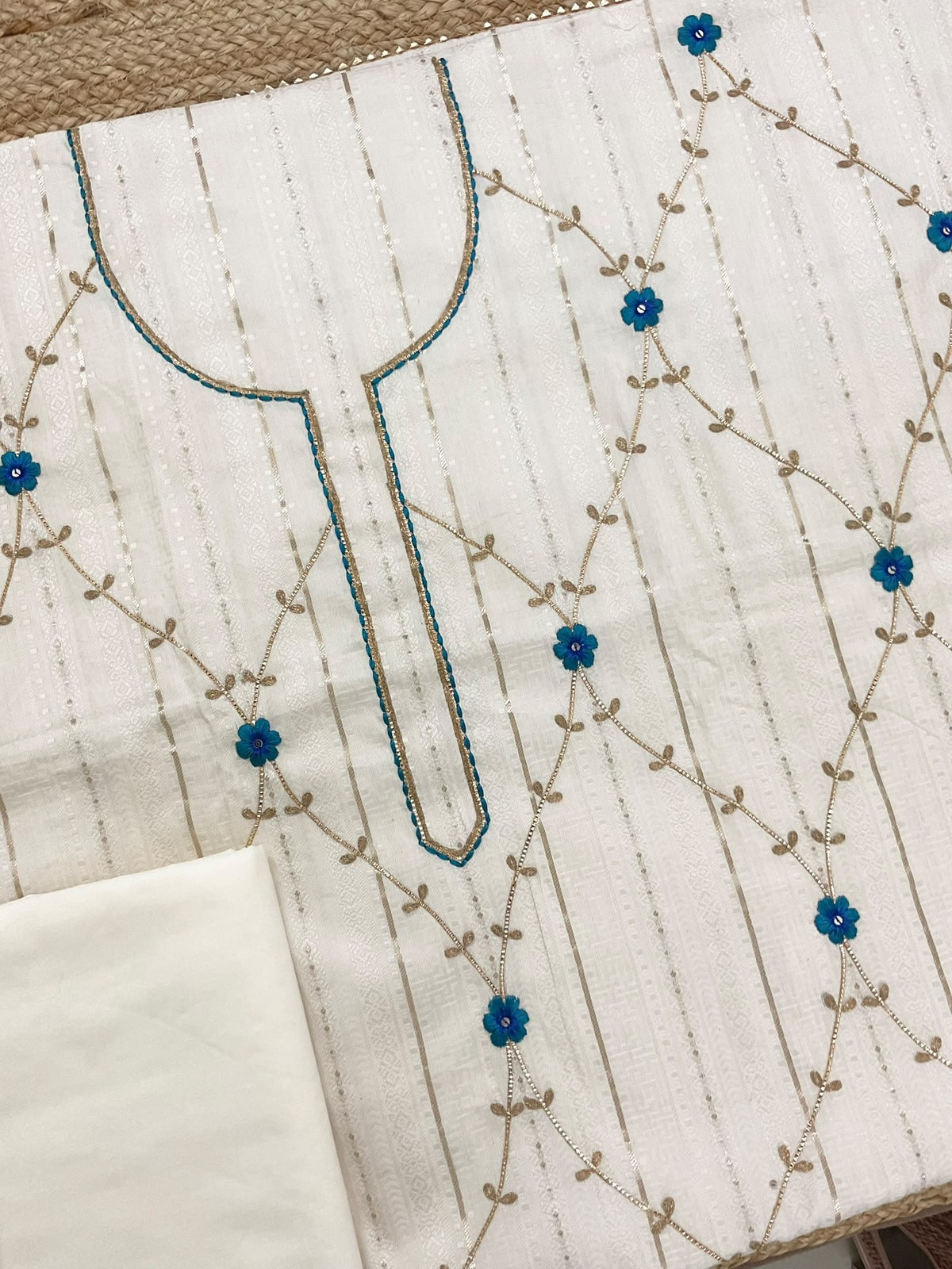Pure Cotton Silk Self Weaved Embroidered Suit - Off White
