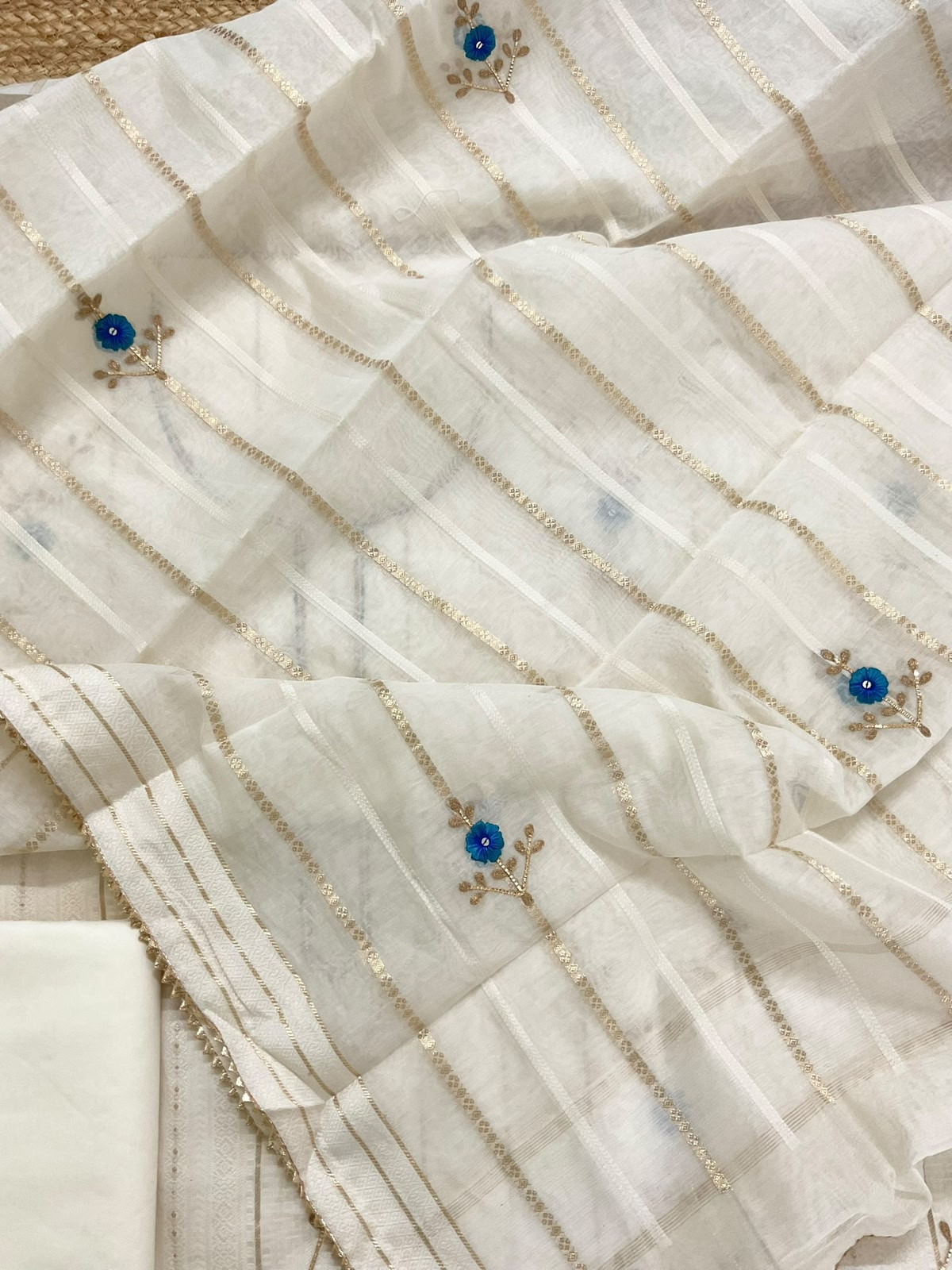 Pure Cotton Silk Self Weaved Embroidered Suit - Off White