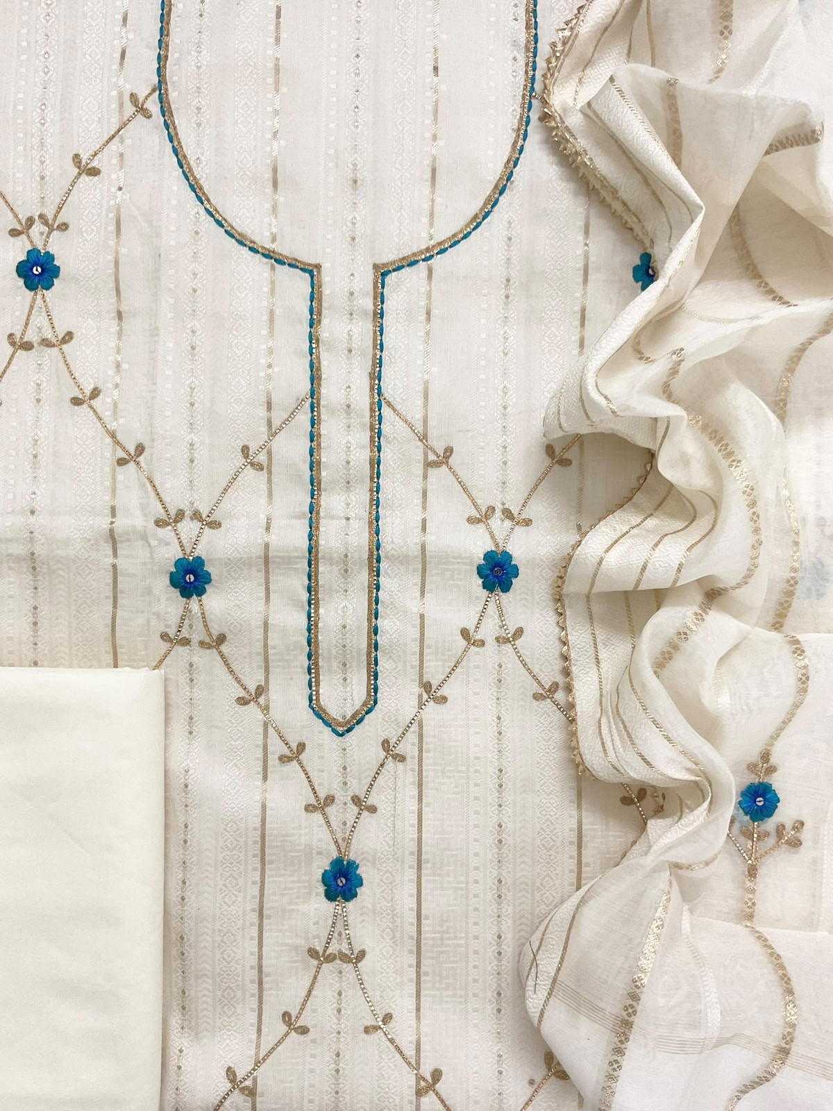 Pure Cotton Silk Self Weaved Embroidered Suit - Off White