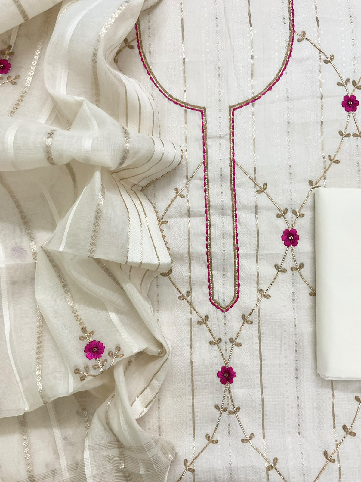 Pure Cotton Silk Self Weaved Embroidered Suit - Off White