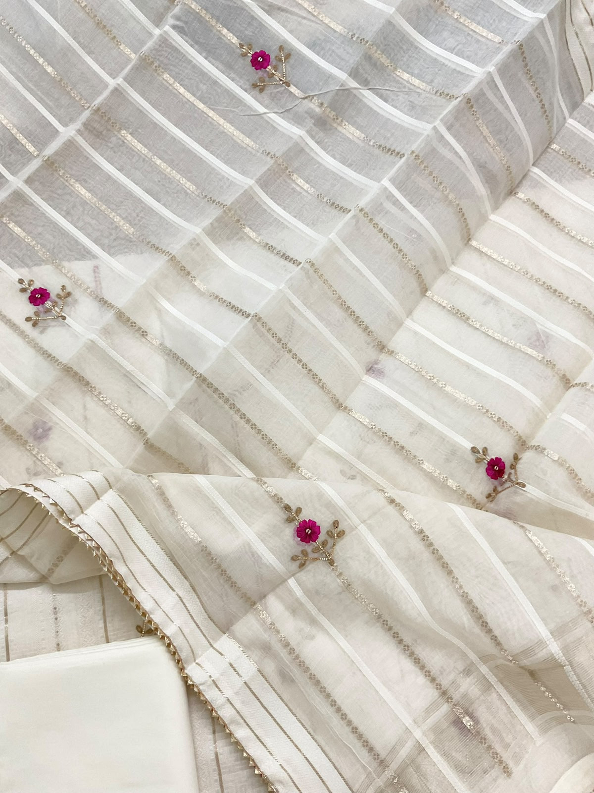 Pure Cotton Silk Self Weaved Embroidered Suit - Off White