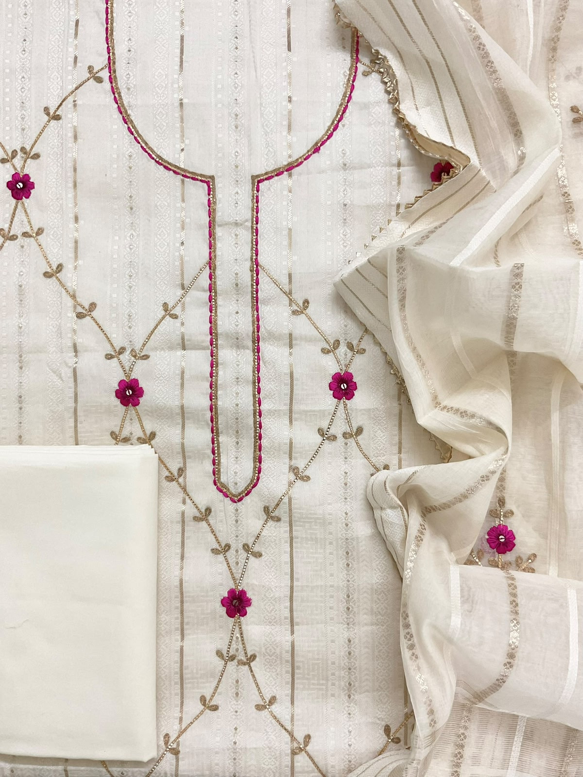 Pure Cotton Silk Self Weaved Embroidered Suit - Off White