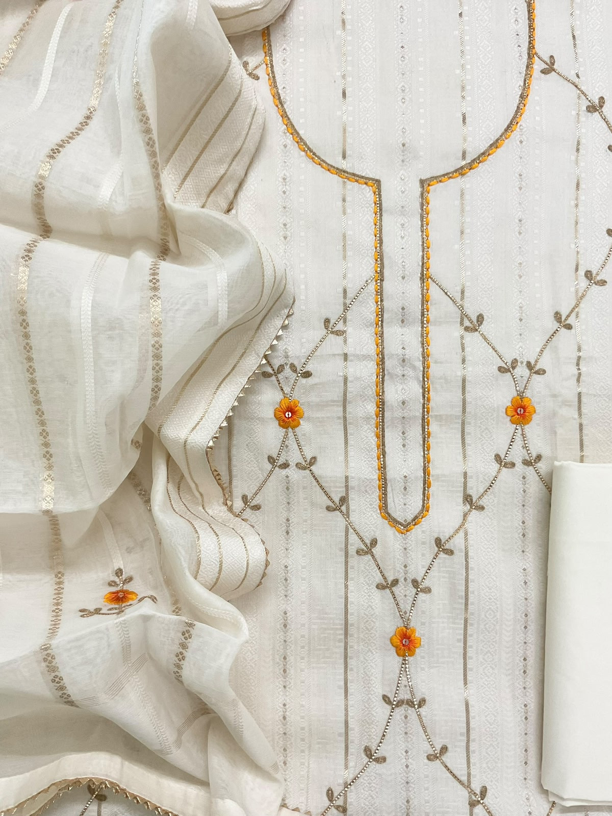Pure Cotton Silk Self Weaved Embroidered Suit - Off White